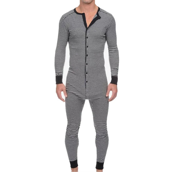 Men Striped One piece Jumpsuits Nightwear 1onesie Pyjamas Long Sleeve Pajamas