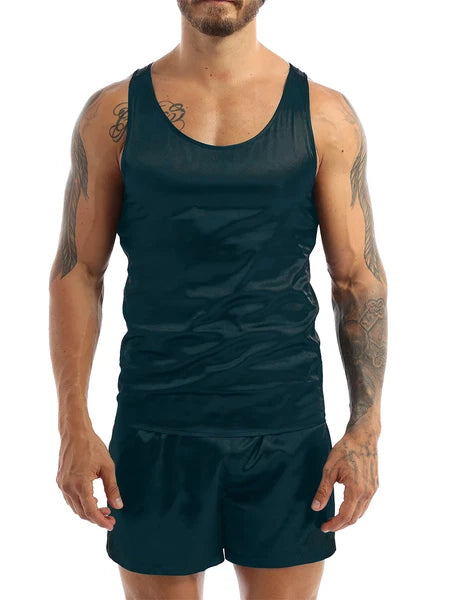 Mens Satin Pajamas Set Lounge Shorts Tank Top Silk Shirt Sleepwear Nightwear