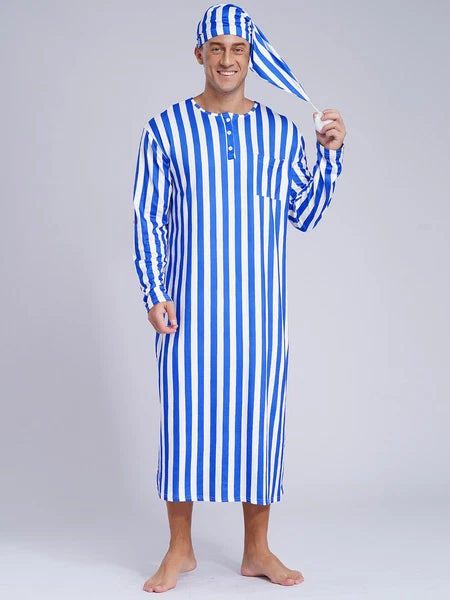 Men's Sissy Nightwear Loose Striped Robe Long Sleeve Nightshirt Cap Pajama Sets