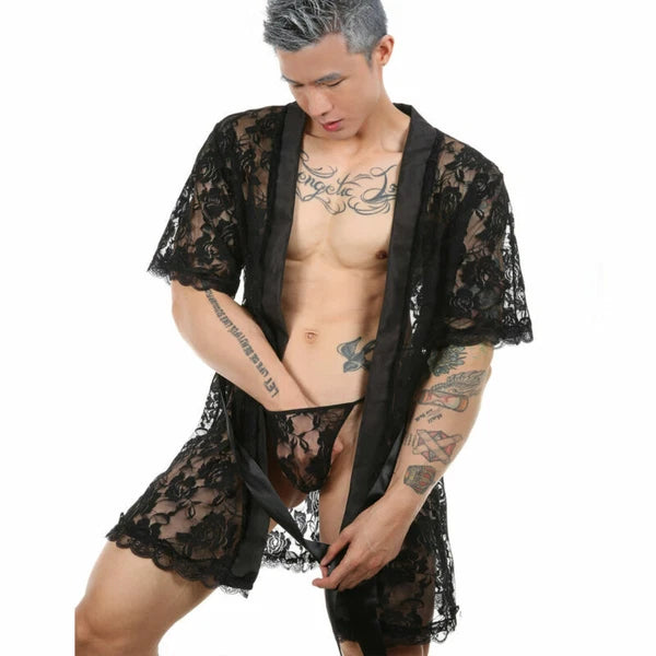 Men Lace Robe Gown Bathrobe Sissy Nightwear See Through Underwear Pajamas