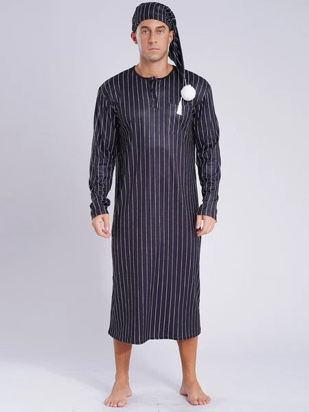 Men's Sissy Nightwear Loose Striped Robe Long Sleeve Nightshirt Cap Pajama Sets