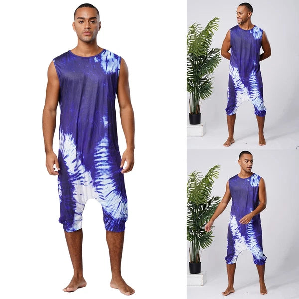 Men's Loose Romper Pajamas Jumpsuit Sleepwear Zipper Crotch One Piece Bodysuit