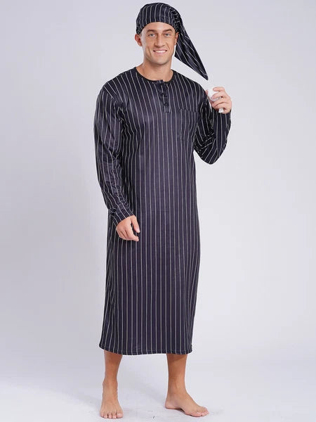 Men's Sissy Nightwear Loose Striped Robe Long Sleeve Nightshirt Cap Pajama Sets