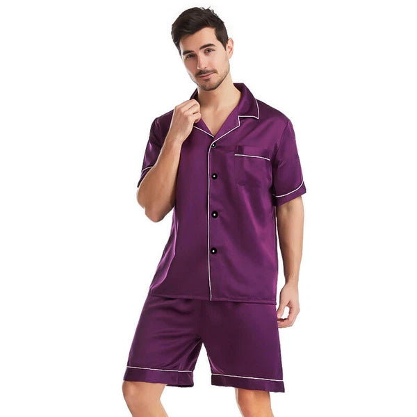 Mens Satin Pajamas Set Short Sleeves Button Down Shirt with Shorts Sleepwear Pjs