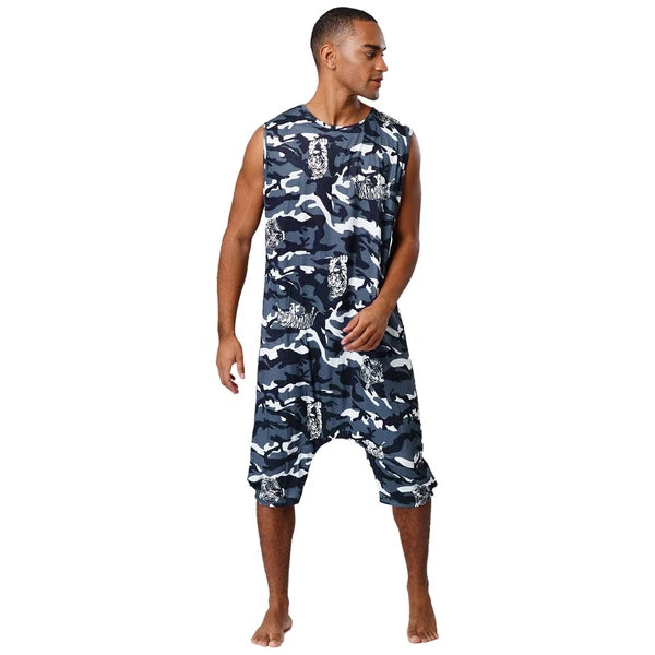 Men's Loose Romper Pajamas Jumpsuit Sleepwear Zipper Crotch One Piece Bodysuit
