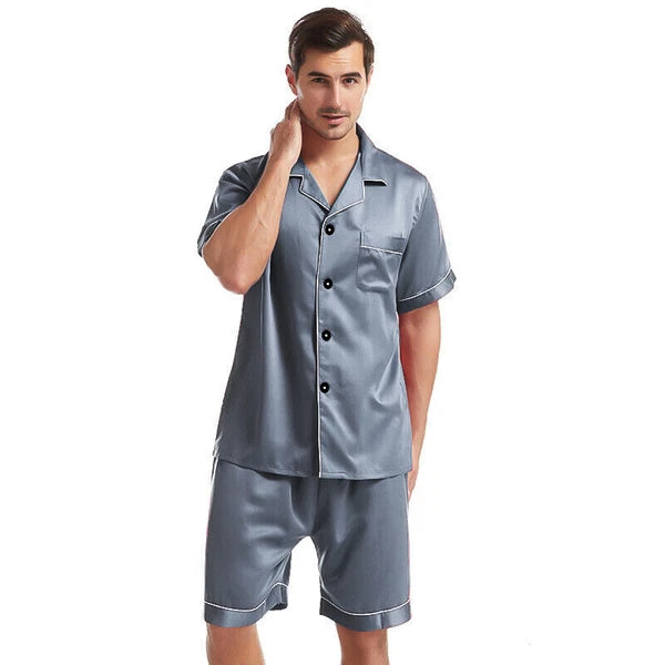 Mens Satin Pajamas Set Short Sleeves Button Down Shirt with Shorts Sleepwear Pjs