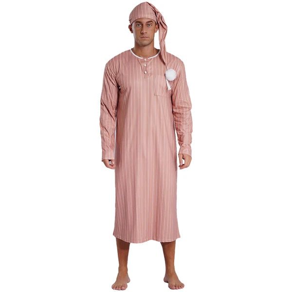 Men's Sissy Nightwear Loose Striped Robe Long Sleeve Nightshirt Cap Pajama Sets