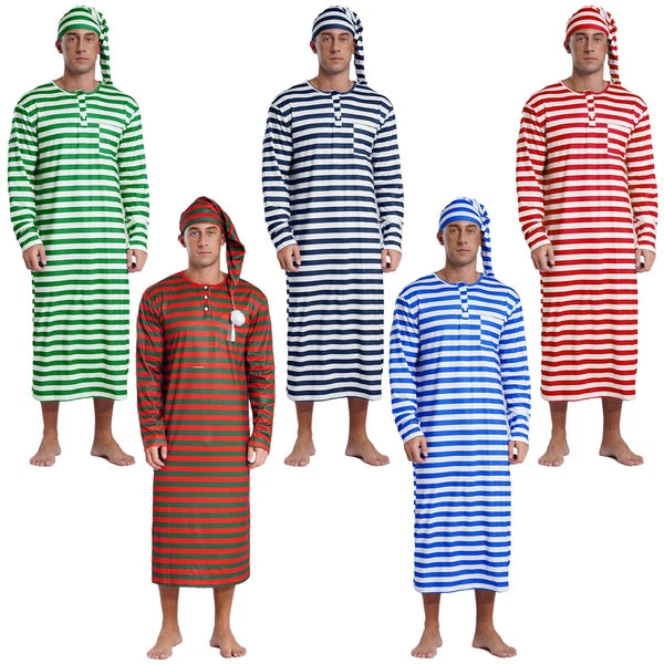 Men's Nightshirt Striped Loose Sleepwear Night Pajama Set Robe with Sleeping Cap