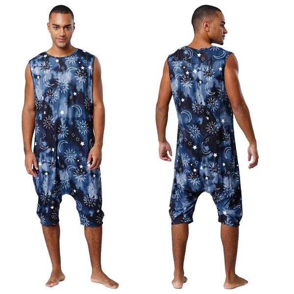 Men's Loose Romper Pajamas Jumpsuit Sleepwear Zipper Crotch One Piece Bodysuit
