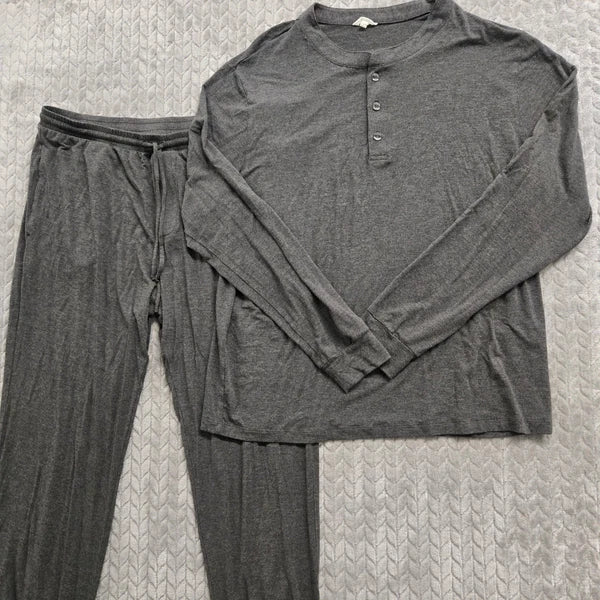 Eberjey Henry Mens Gray Modal Blend Lounge Pajama Set Henley Long Sleeve Medium