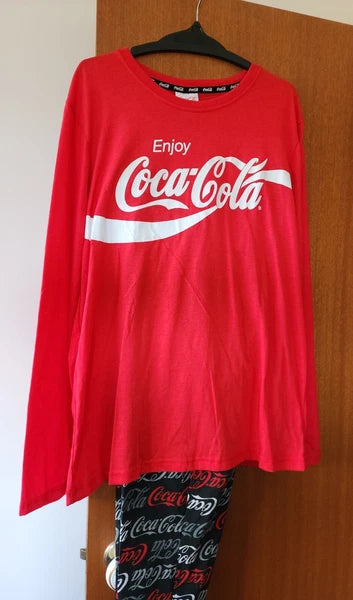 Enjoy Coca-Cola Logo Coke Mens Red Black Printed 2 Piece Pyjama Set Size M New