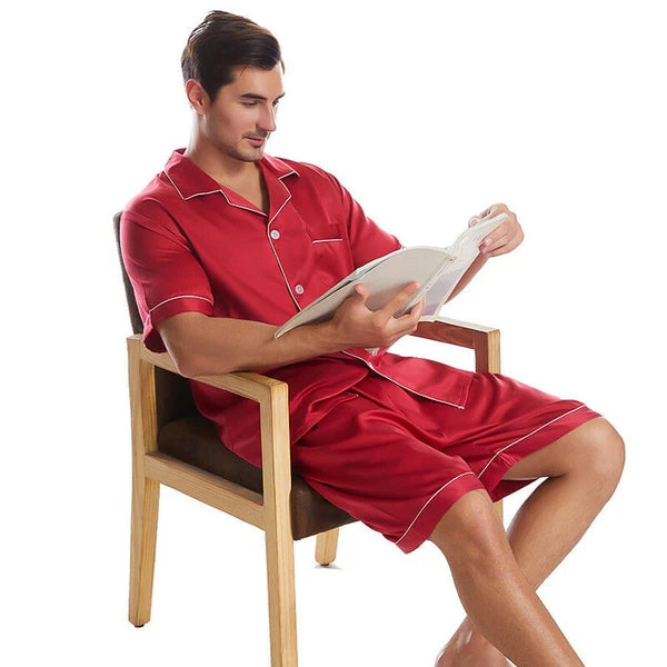 Mens Satin Pajamas Set Short Sleeves Button Down Shirt with Shorts Sleepwear Pjs