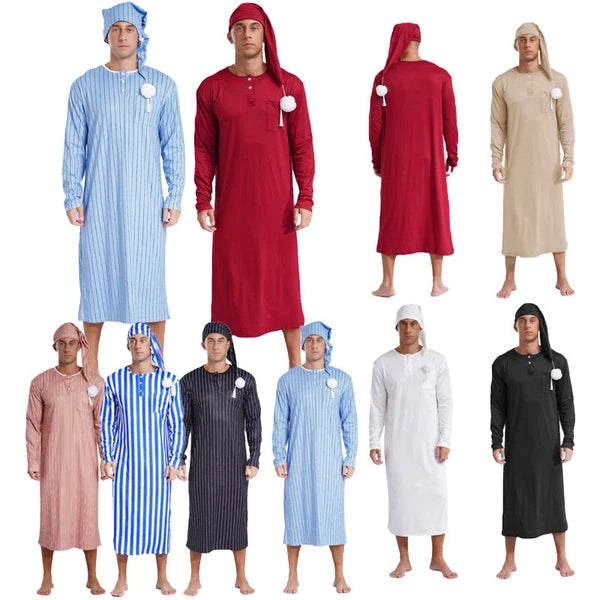 Men's Sissy Nightwear Loose Striped Robe Long Sleeve Nightshirt Cap Pajama Sets