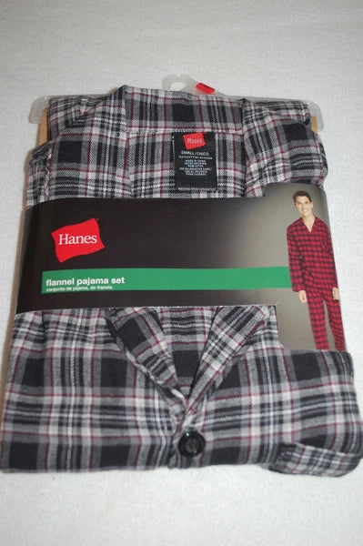 Mens FLANNEL PAJAMA SET Button Up L/S Top BLACK WHITE RED PLAID Pants SIZE S