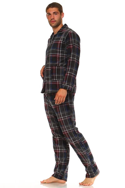 Men's Long Sleeve Pajama Lounge Set Comfortable PJ's Soft Fleece Plaid Sleepwear