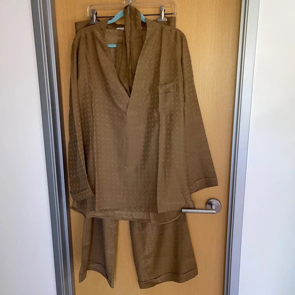Vintage Mens Pajama Set Size 48 Tan 3 Piece Pockets Belted Pure Silk Italy
