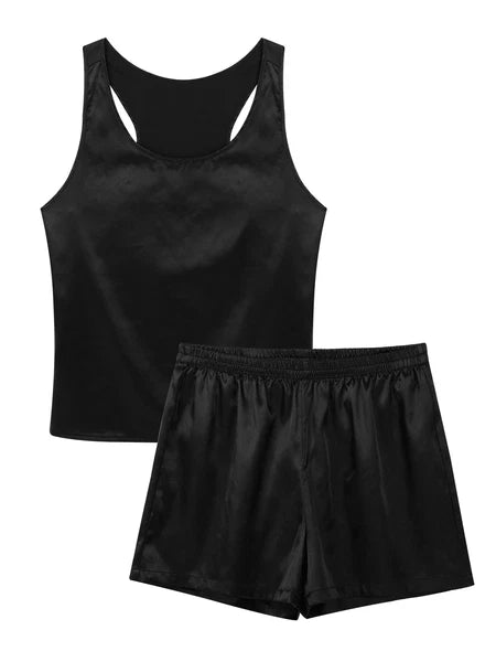 Mens Satin Pajamas Set Lounge Shorts Tank Top Silk Shirt Sleepwear Nightwear