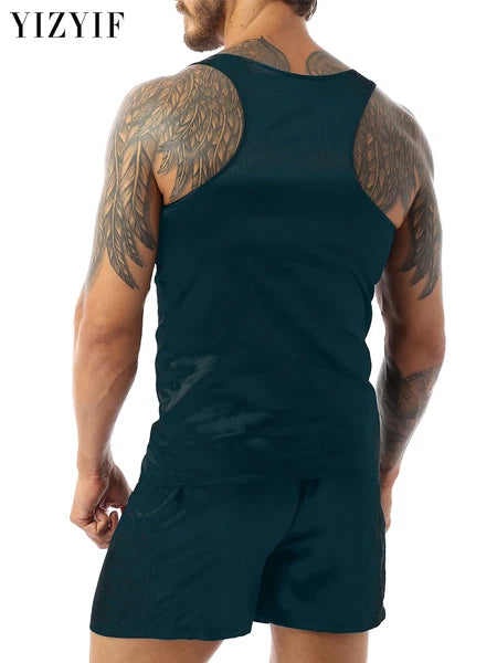 Mens Satin Pajamas Set Sleeveless Tank Top with Shorts Sleepwear Nightwear