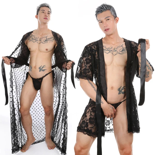 Men Lace Robe Gown Bathrobe Sissy Nightwear See Through Underwear Pajamas