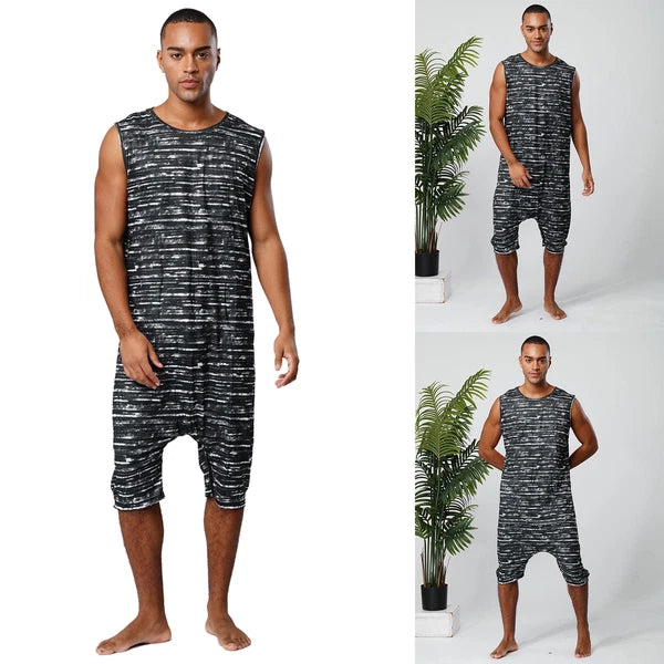 Men's Loose Romper Pajamas Jumpsuit Sleepwear Zipper Crotch One Piece Bodysuit