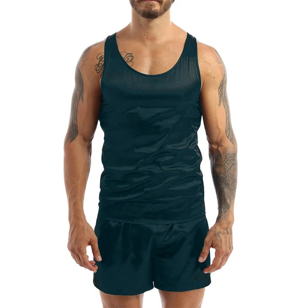 Mens Satin Pajamas Set Lounge Shorts Tank Top Silk Shirt Sleepwear Nightwear