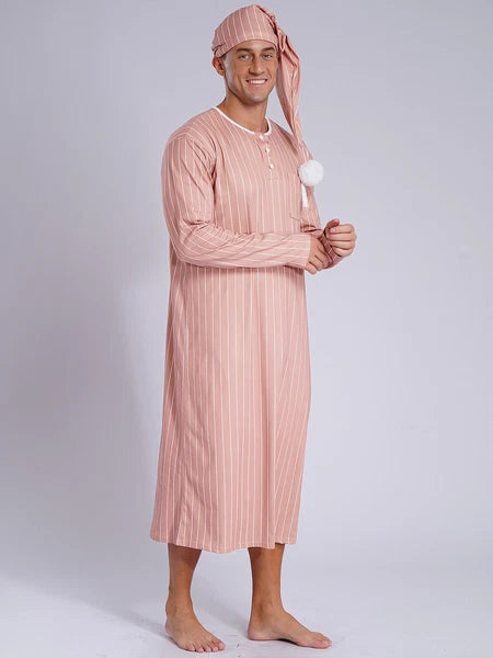 Men's Sissy Nightwear Loose Striped Robe Long Sleeve Nightshirt Cap Pajama Sets