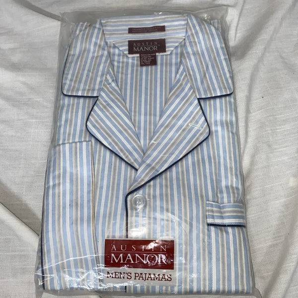 NIB AUSTIN MANOR Mens Blue/brown Striped Cotton Pajamas Long Sleeve & Leg Mens M