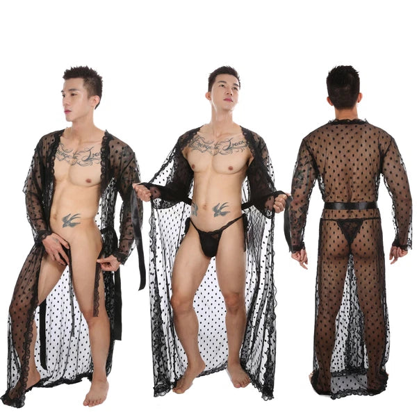Men Lace Robe Gown Bathrobe Sissy Nightwear See Through Underwear Pajamas