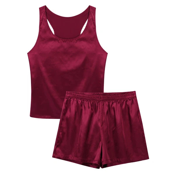 Mens Satin Pajamas Set Lounge Shorts Tank Top Silk Shirt Sleepwear Nightwear