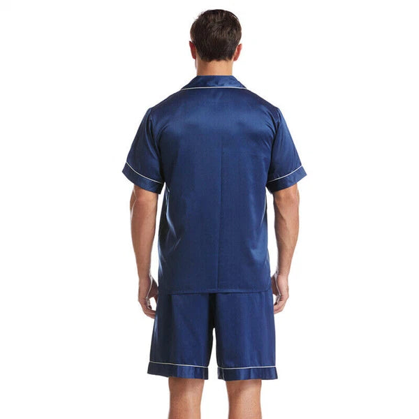 Mens Satin Pajamas Set Short Sleeves Button Down Shirt with Shorts Sleepwear Pjs