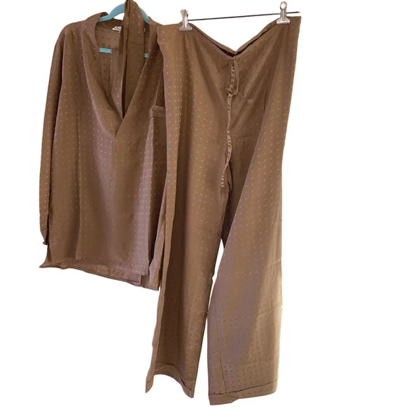 Vintage Mens Pajama Set Size 48 Tan 3 Piece Pockets Belted Pure Silk Italy