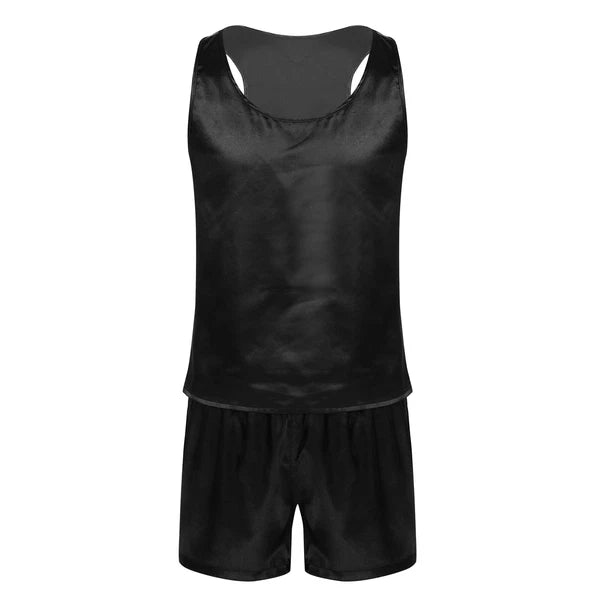 Mens Satin Pajamas Set Lounge Shorts Tank Top Silk Shirt Sleepwear Nightwear