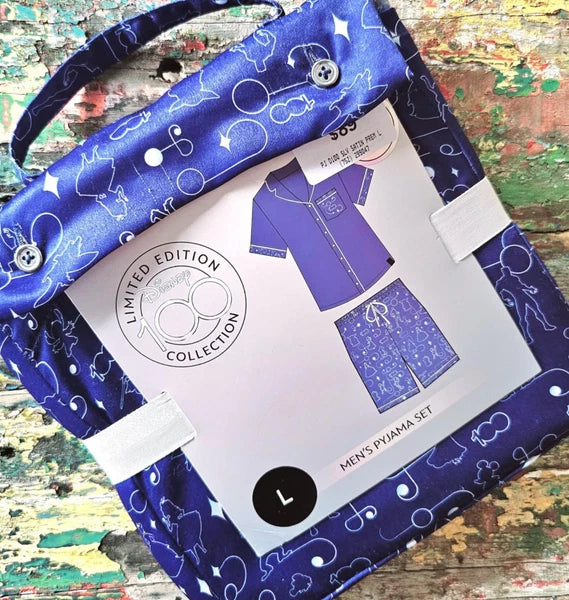 DISNEY 100 Years Satin Pyjama Set Mens SIZE LARGE Blue Short Sleeve BNWT