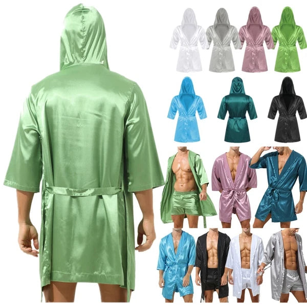 Men's Silk Satin Pajamas Hooded Bathrobe with Belted Set Bath Robe Sleepwear