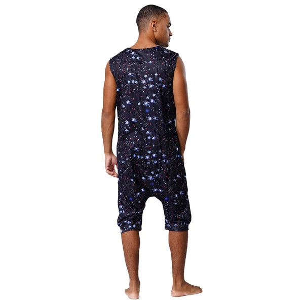Men's Loose Romper Pajamas Jumpsuit Sleepwear Zipper Crotch One Piece Bodysuit