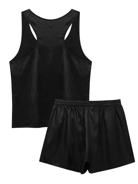 Mens Satin Pajamas Set Lounge Shorts Tank Top Silk Shirt Sleepwear Nightwear