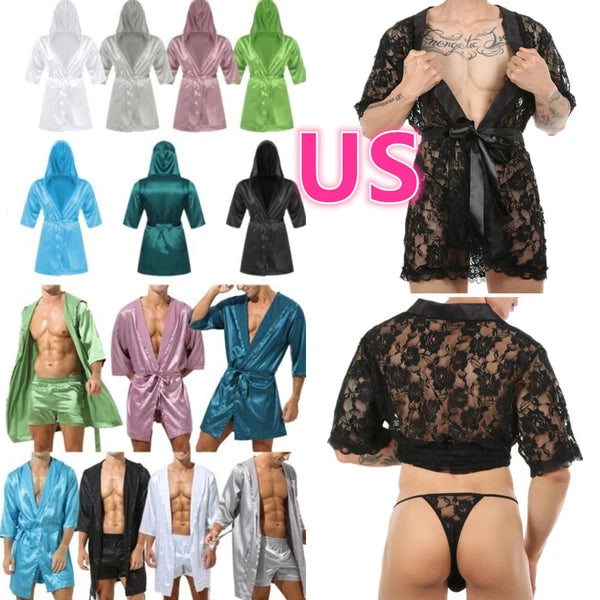 Men's Silk Satin Pajamas Hooded Bathrobe with Belted Set Bath Robe Sleepwear