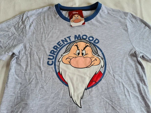 Disney Mens Current Mood Grumpy Grey Blue Printed 2 Piece Pyjama Set Size S New