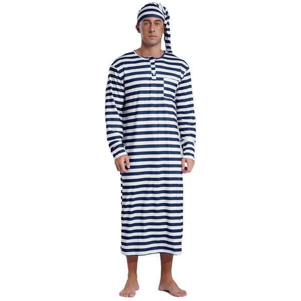 Men's Nightshirt Striped Loose Sleepwear Night Pajama Set Robe with Sleeping Cap