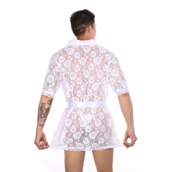 Men Lace Robe Gown Bathrobe Sissy Nightwear See Through Underwear Pajamas