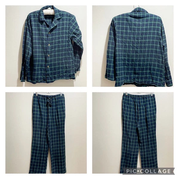 ALEXANDER DEL ROSSA Men’s Blue Green Flannel Plaid Pajama Set Button Up Size S