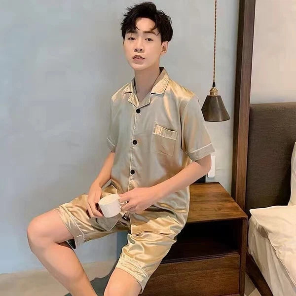 Mens Satin Pajamas Set Short Sleeves Button Down Shirt with Shorts Sleepwear Pjs