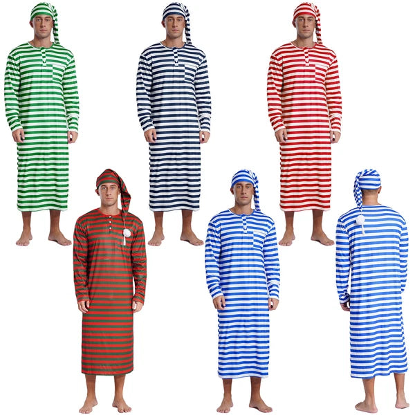 Men's Nightshirt Striped Loose Sleepwear Night Pajama Set Robe with Sleeping Cap