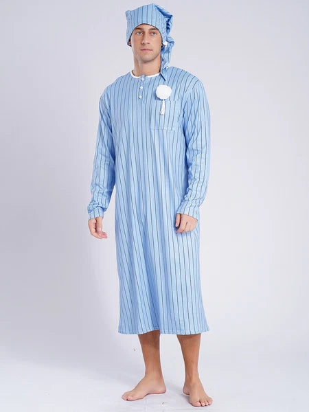 Men's Sissy Nightwear Loose Striped Robe Long Sleeve Nightshirt Cap Pajama Sets
