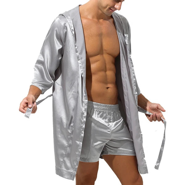 Mens Robes Silky Satin Hooded Bathrobe Luxurious Pyjama Set Nightgowns Sleepwear
