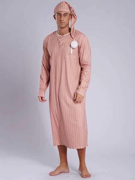 Men's Sissy Nightwear Loose Striped Robe Long Sleeve Nightshirt Cap Pajama Sets