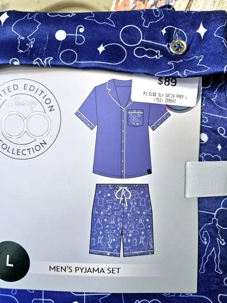 DISNEY 100 Years Satin Pyjama Set Mens SIZE LARGE Blue Short Sleeve BNWT