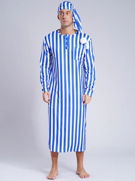 Men's Sissy Nightwear Loose Striped Robe Long Sleeve Nightshirt Cap Pajama Sets