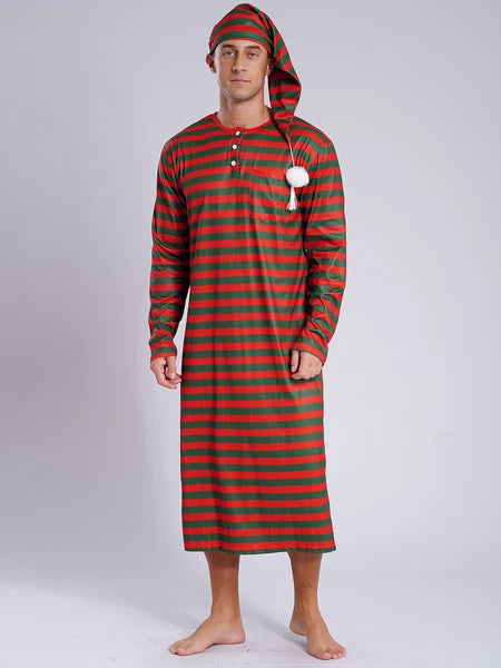 Men's Nightshirt Striped Loose Sleepwear Night Pajama Set Robe with Sleeping Cap