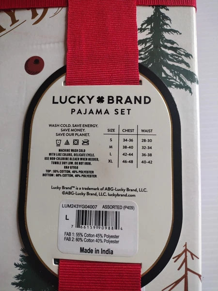 Lucky Brand Pajamas Set Mens Sz Large Thermal Top Flannel Pants Christmas New